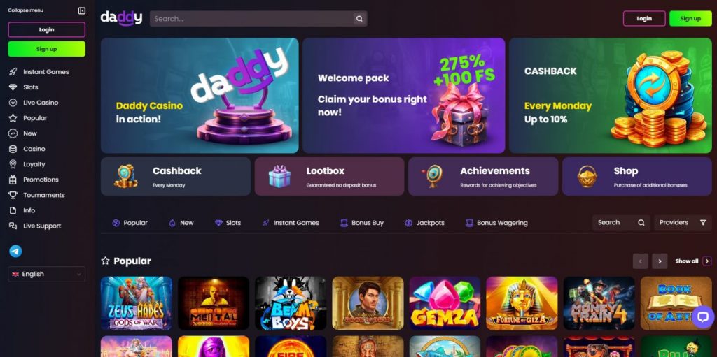 Daddy casino home page screen