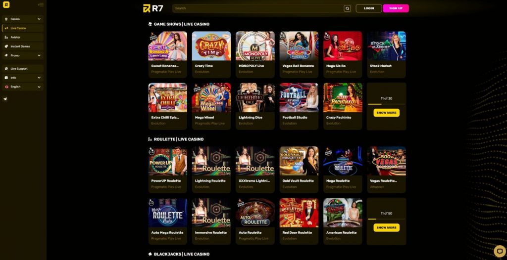R7 Casino live games screen