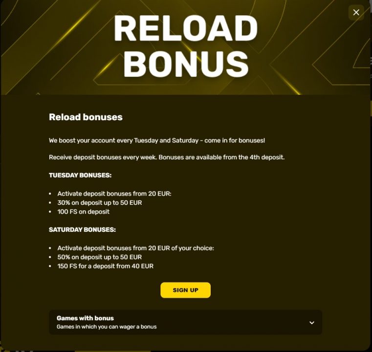 Reload bonus rules screen